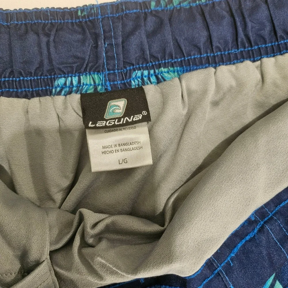 Laguna Mens Tropical Palm Print Swim Trunks Navy Blue Teal Orange Large L81134